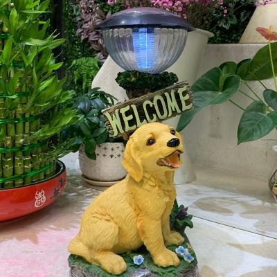 Dog Statue Front Door Solar Ground Light Resin LED Modern Path Lighting Ideas in Yellow with Bowl Lampshade