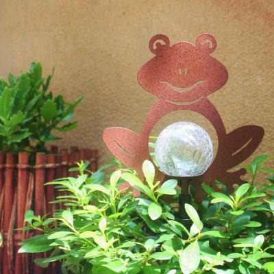 Clear Crackle Glass Ball Stake Light Set Modern Solar Operated LED Ground Lamp with Coffee Frog Silhouette for Patio
