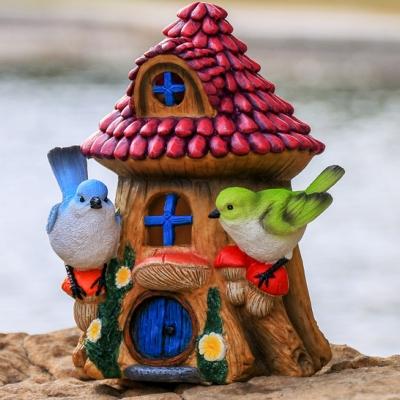 Bird and Log Cabin Solar Light Rural Resin Garden Decorative LED Ground Lighting in Brown