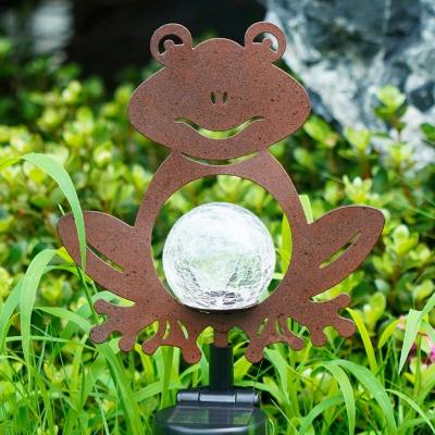 Clear Crackle Glass Ball Stake Light Set Modern Solar Operated LED Ground Lamp with Coffee Frog Silhouette for Patio