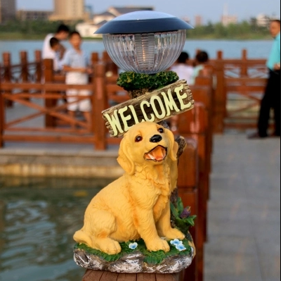 Dog Statue Front Door Solar Ground Light Resin LED Modern Path Lighting Ideas in Yellow with Bowl Lampshade