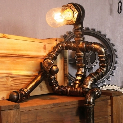 Antiqued Brass 1 Bulb Nightstand Lamp Steampunk Iron Thinker/Weightlifter/Robot Table Light for Bedroom