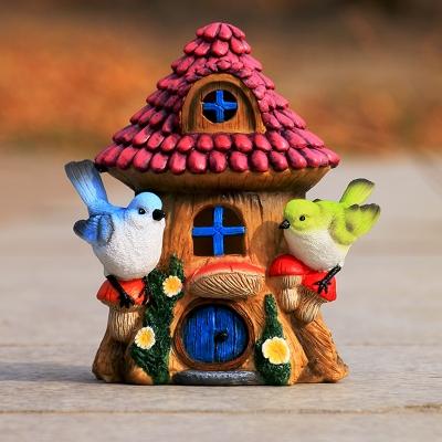 Bird and Log Cabin Solar Light Rural Resin Garden Decorative LED Ground Lighting in Brown