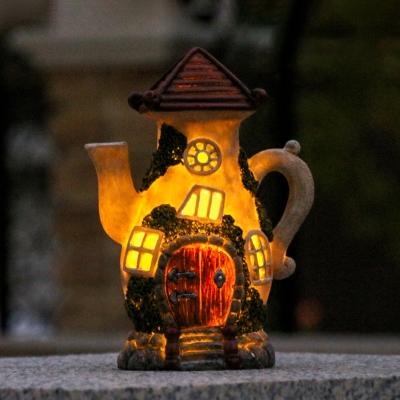 Beige Kettle House LED Ground Light Cartoon Resin Solar Operated Path Lighting for Yard