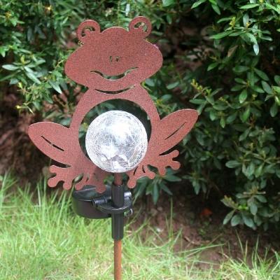 Clear Crackle Glass Ball Stake Light Set Modern Solar Operated LED Ground Lamp with Coffee Frog Silhouette for Patio