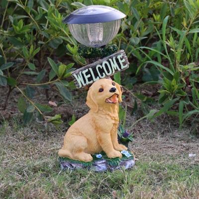 Dog Statue Front Door Solar Ground Light Resin LED Modern Path Lighting Ideas in Yellow with Bowl Lampshade